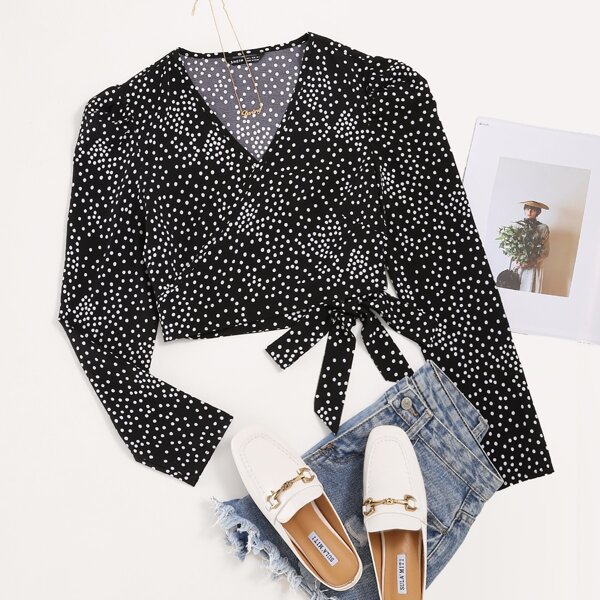 

Plus Polka Dot Wrap Knot Crop Top, Black