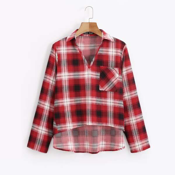 

Plus Plaid Pocket Front High Low Blouse, Burgundy