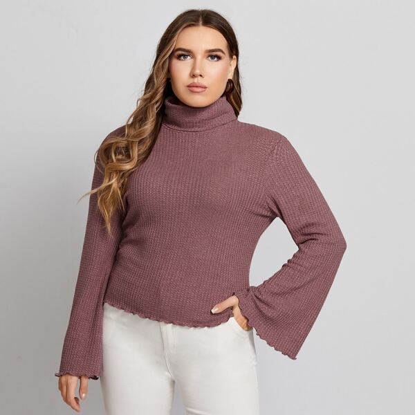 

Plus Funnel Neck Bell Sleeve Lettuce Trim Top, Redwood