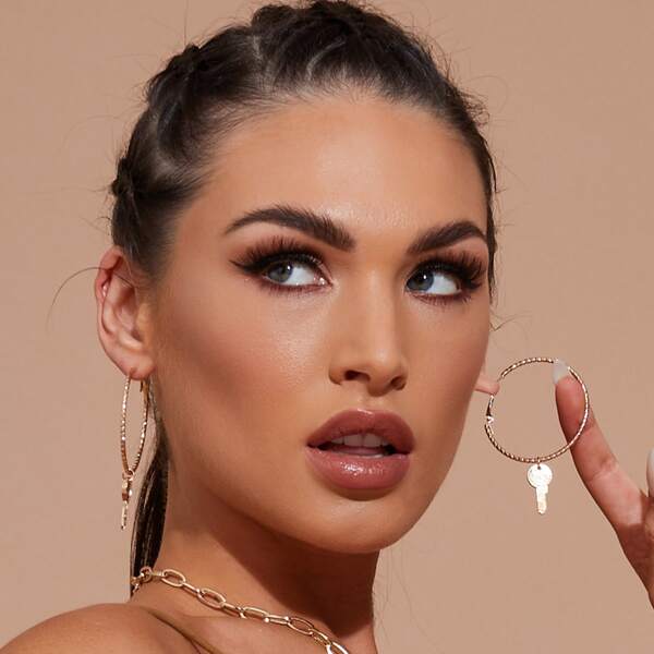 

Key Charm Drop Earrings, Gold