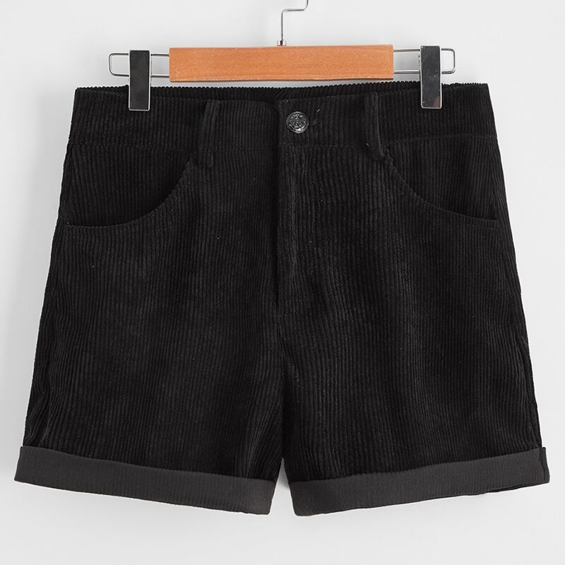 

Solid Corduroy Cuffes Shorts, Black