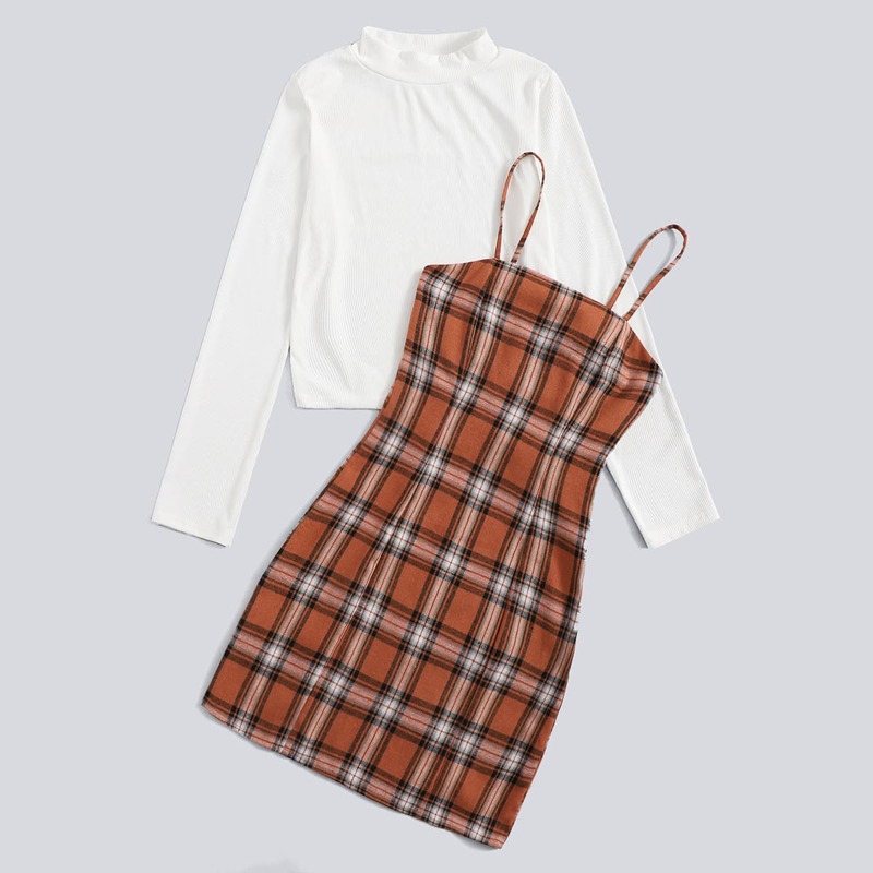 

Solid Crop Tee & Plaid Cami Dress, Multicolor