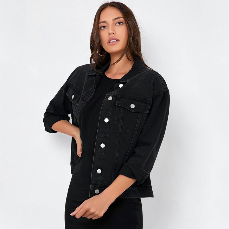 

Drop Shoulder Denim Trucker Jacket, Black