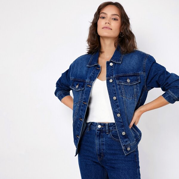 

Drop Shoulder Denim Trucker Jacket, Dark wash