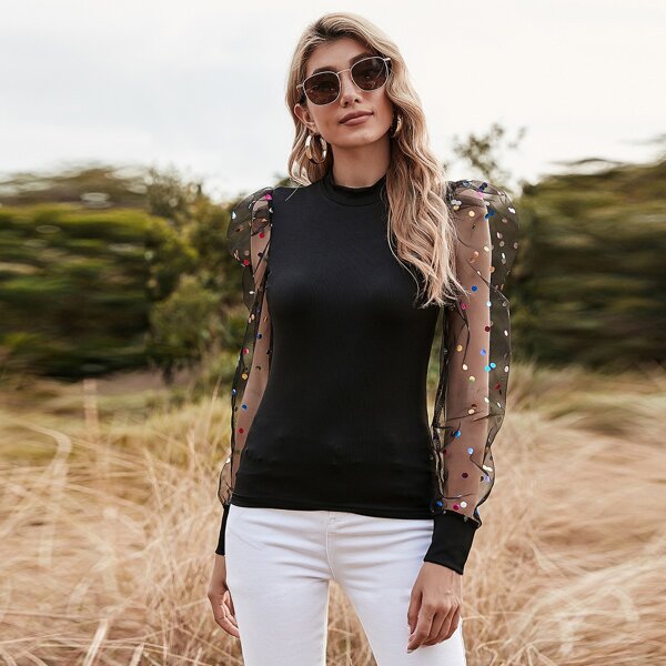 

Dot Mesh Sleeve Mock Neck Rib-knit Top, Black