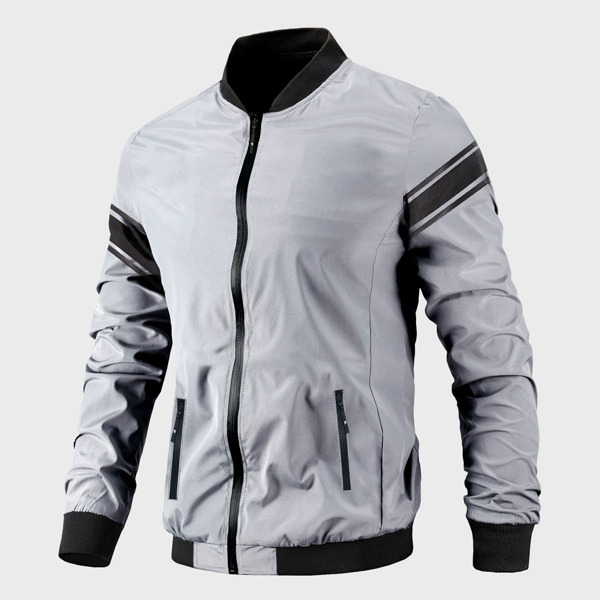 

Men Striped Zip Up Bomber Jacket, Light grey