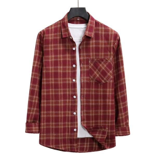 

Men Plaid Print Button Front Pocket Patched Shirt, Redwood