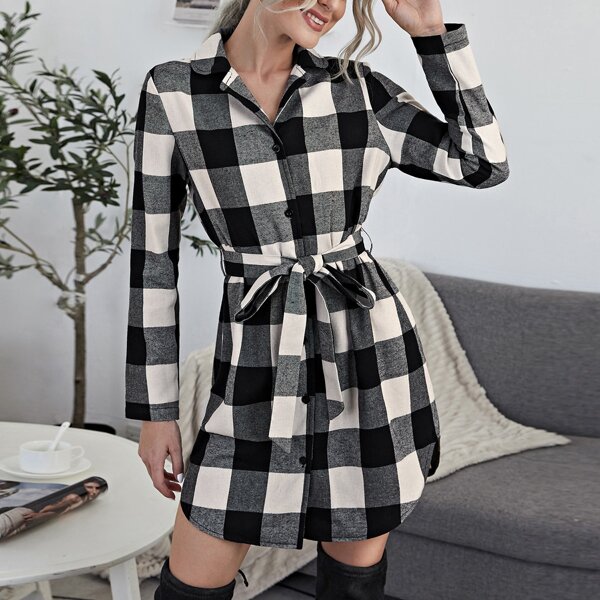 

Buffalo Plaid Self Belted Shirt Dress, Black and white