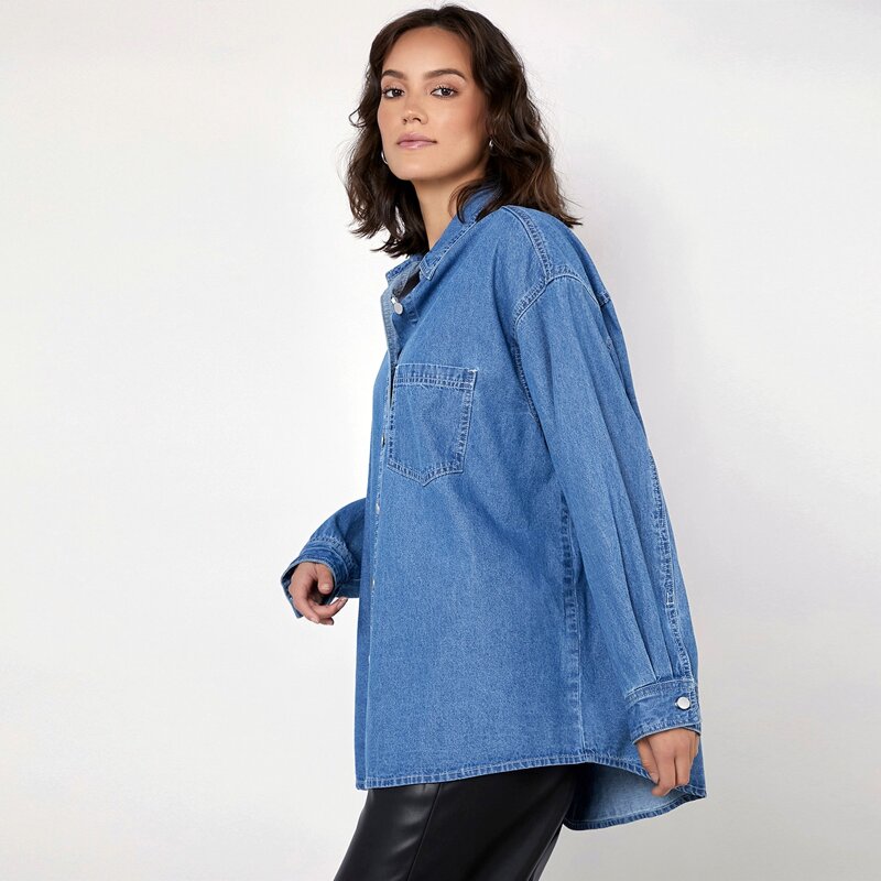 

Stone Wash Button Up Boyfriend Denim Blouse, Medium wash