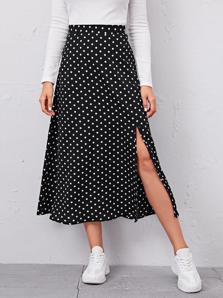 Polka Dot Split Side Skirt | SHEIN