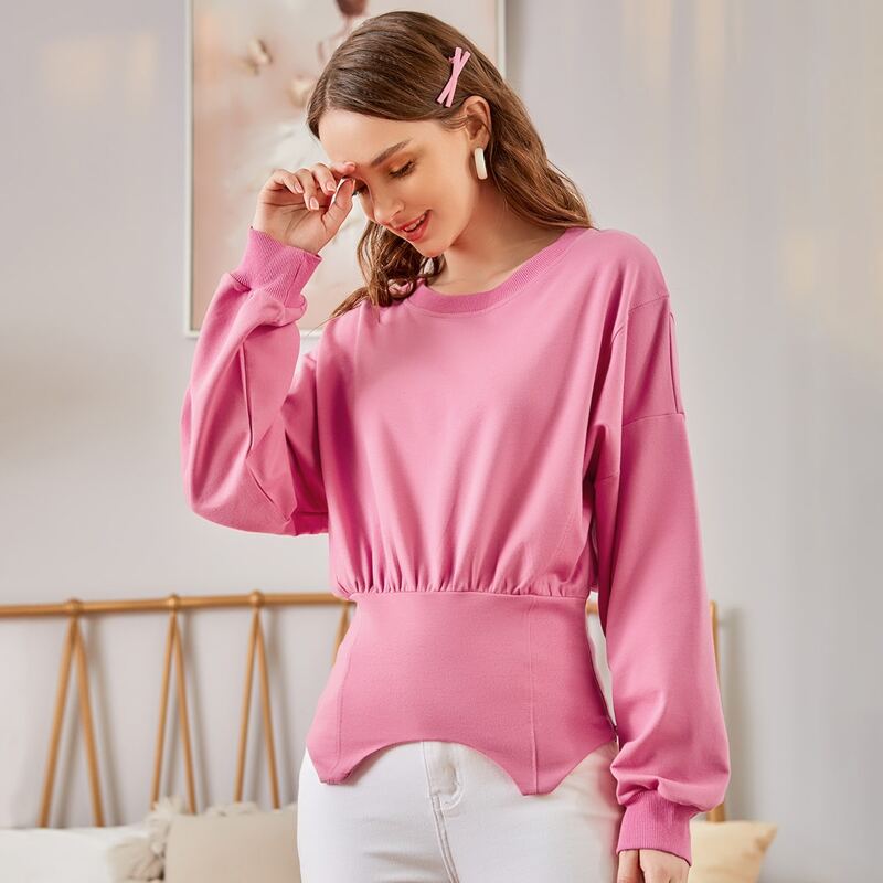 

Asymmetrical Hem Drop Shoulder Sweatshirt, Pink