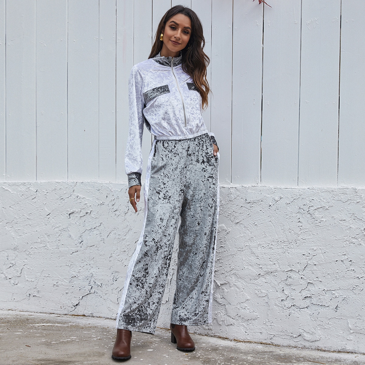 Image of Colourblock Zipper Front Velvet Jumpsuit