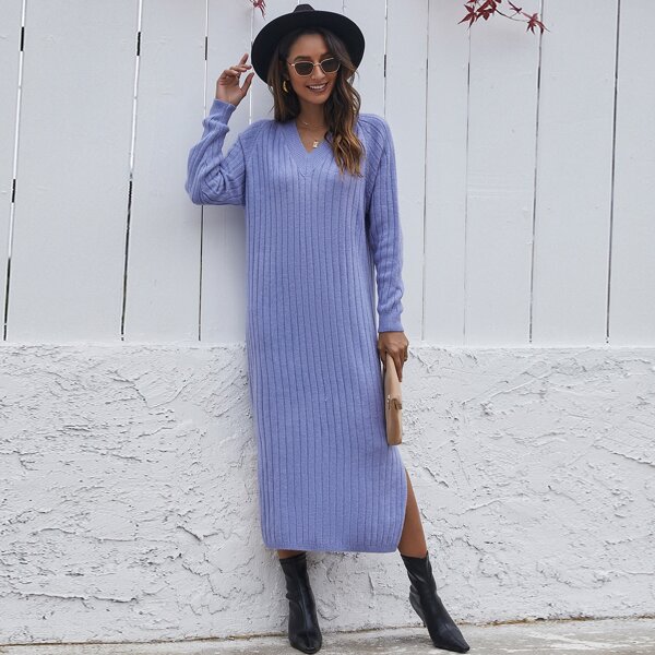

V Neck Split Hem Ribbed Sweater Dress, Violet purple