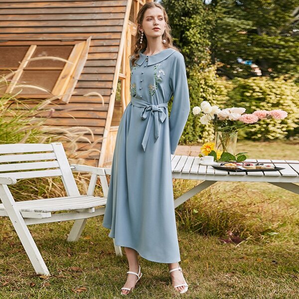 

Plants Embroidered Belted Dress, Dusty blue