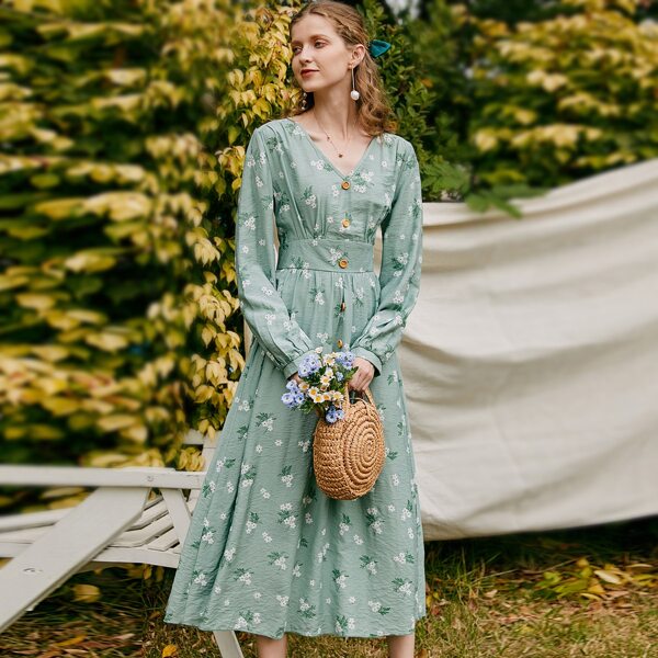 

Ditsy Floral Print Bishop Sleeve Button Detail Dress, Mint green