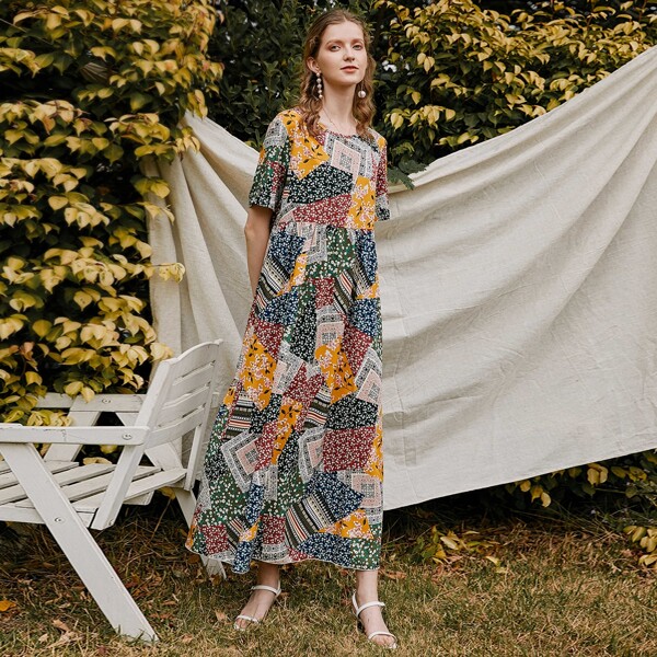 

Patchwork Round Neck Dress, Multicolor