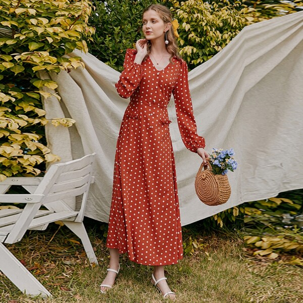 

Polka Dot Bishop Sleeve Ruffle Detail Dress, Red