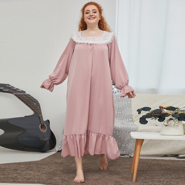 

Plus Contrast Lace Ruffle Hem Night Dress, Dusty pink
