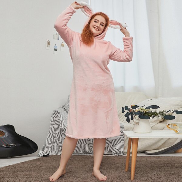 

Plus 3D Ear Hooded Flannel Night Dress, Pink