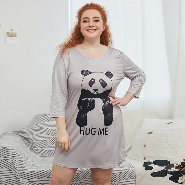 

Plus Panda & Slogan Graphic Night Dress, Grey