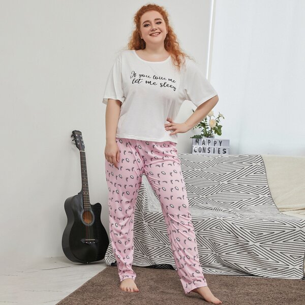 

Plus Slogan Graphic Tee & Eyelash Print Pants Pajama Set, Multicolor