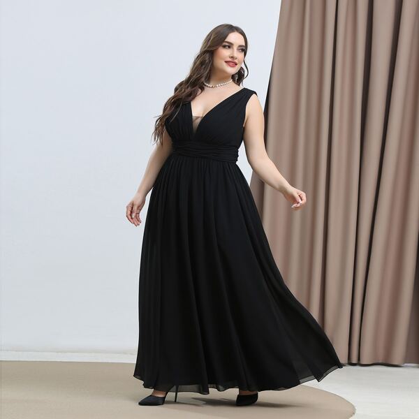 

Plus Contrast Mesh V-back Chiffon A-line Dress, Black