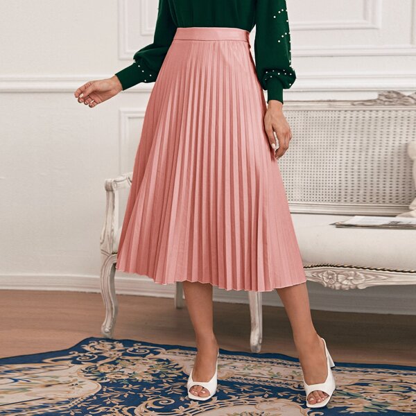 

Pleated PU Leather Skirt, Coral pink
