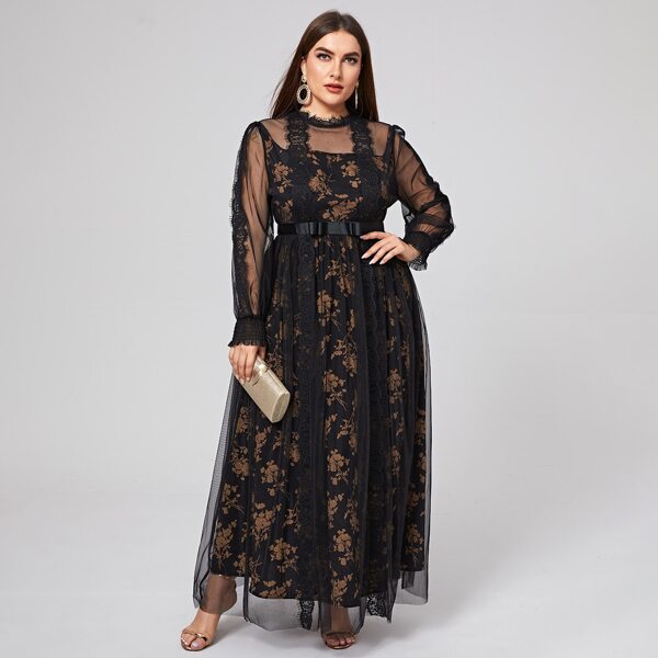 

Plus Eyelash Lace Tape Bow Waist Mesh Overlay Floral Dress, Multicolor