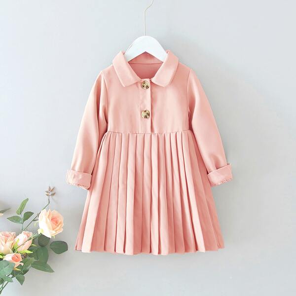

Toddler Girls Button Front Pleated Hem Dress, Baby pink