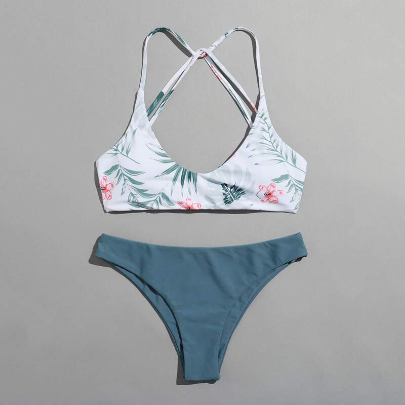 

Plants Print Criss-Cross Bikini Swimsuit, Multicolor