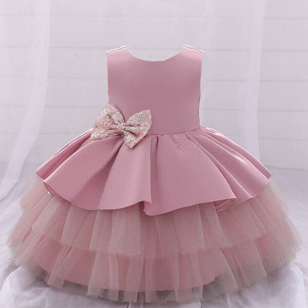 

Toddler Girls Sequin Panel Bow Layered Gown Dress, Baby pink