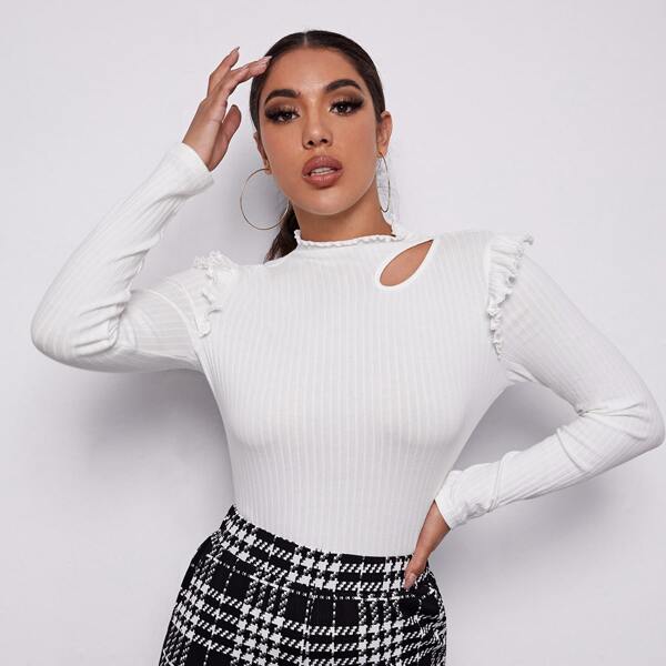 

Cut Out Ruffle Trim Rib-knit Tee, White
