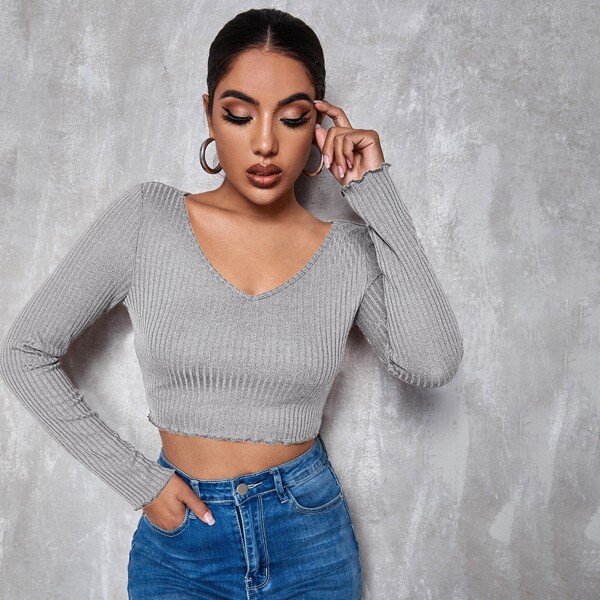 

V Neck Lettuce Trim Crop Tee, Light grey