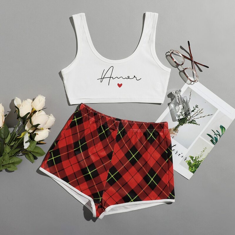 

Letter & Heart Print Tank Top With Plaid Shorts Pajama Set, Multicolor