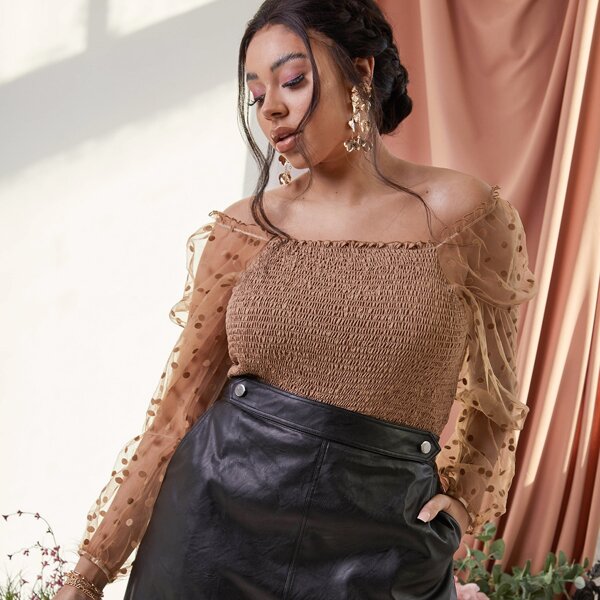 

Plus Off Shoulder Mesh Panel Shirred Top, Khaki