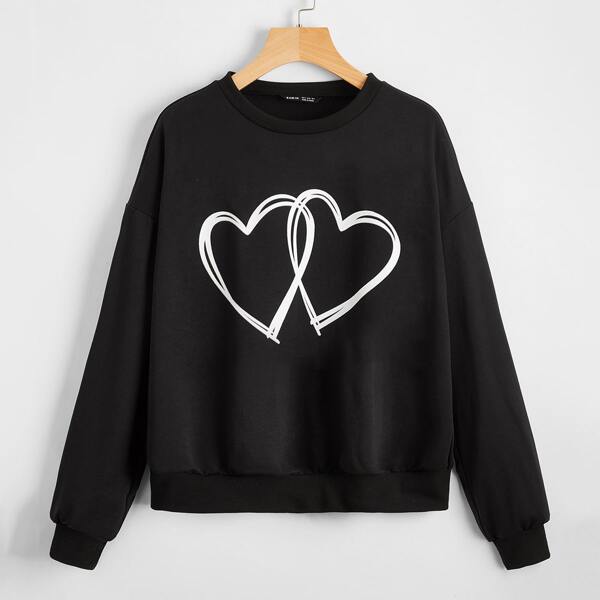 

Drop Shoulder Heart Print Sweatshirt, Black