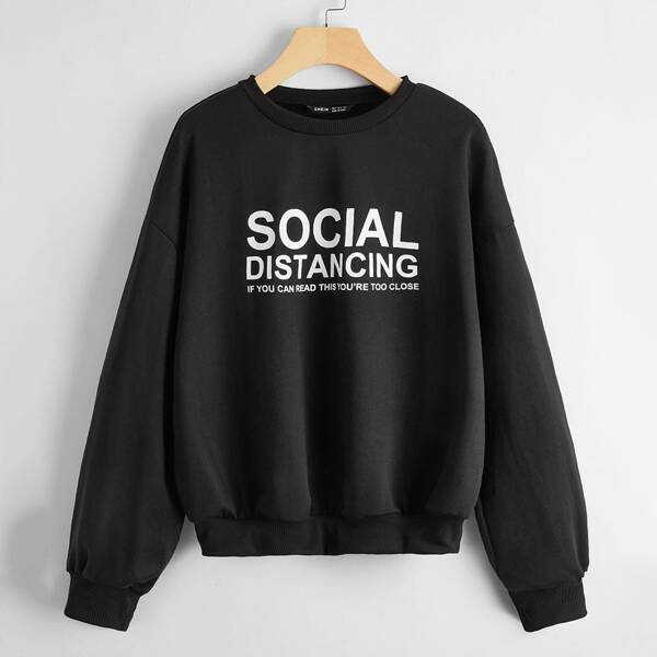 

Drop Shoulder Slogan Graphic Pullover, Black