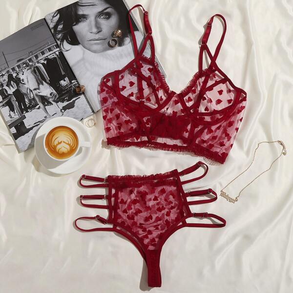 

Heart Print Mesh Cut-out Underwire Lingerie Set, Burgundy