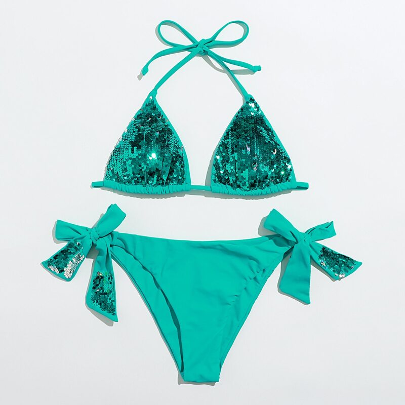 

Insert Sequin Tie Side Bikini Swimsuit, Green