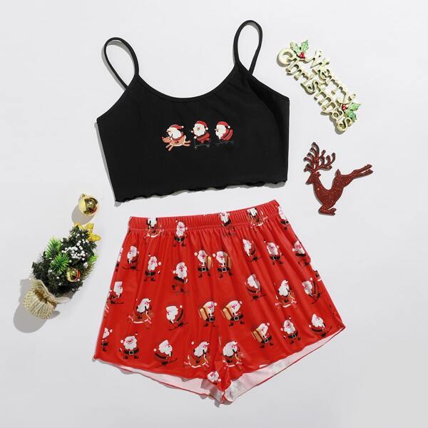 

Christmas Print Lettuce Trim PJ Set, Multicolor
