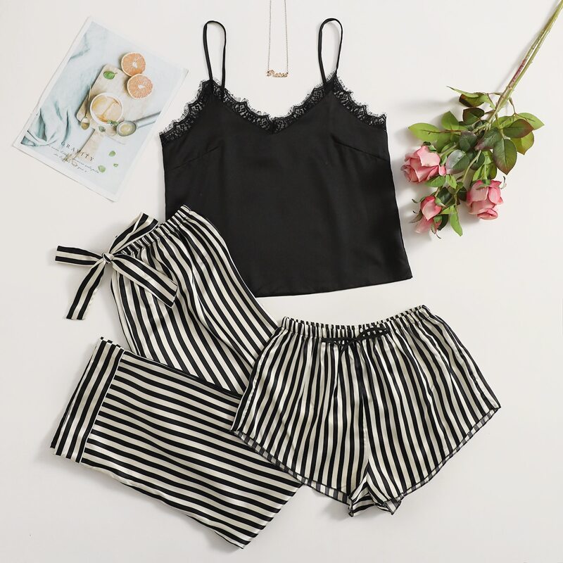 

3pcs Striped Print Contrast Lace Satin Night Set, Black and white