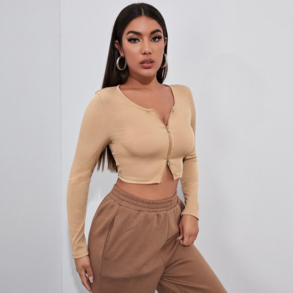 

Zip Up Rib-knit Crop Top, Apricot