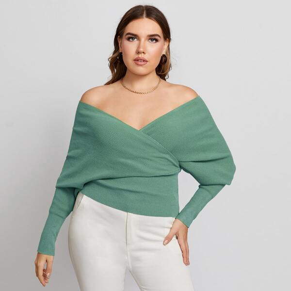 

Plus Fold Off Shoulder Solid Sweater, Mint green