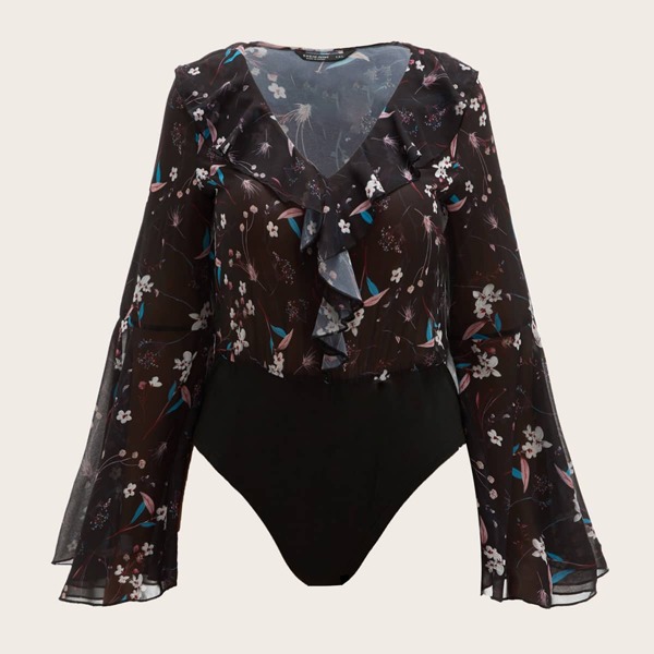 

Plus Floral Print Ruffle Trim Bodysuit, Black