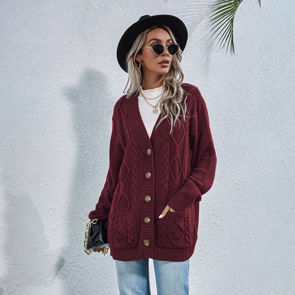 

Cable Knit Dual Pocket Cardigan, Maroon
