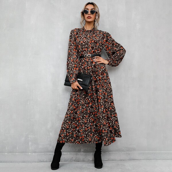 

Allover Floral Frill Neck A-line Dress Without Belted, Multicolor
