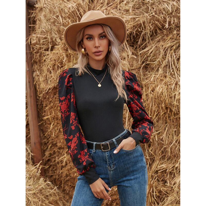 

Flower Print Puff Sleeve Tee, Black