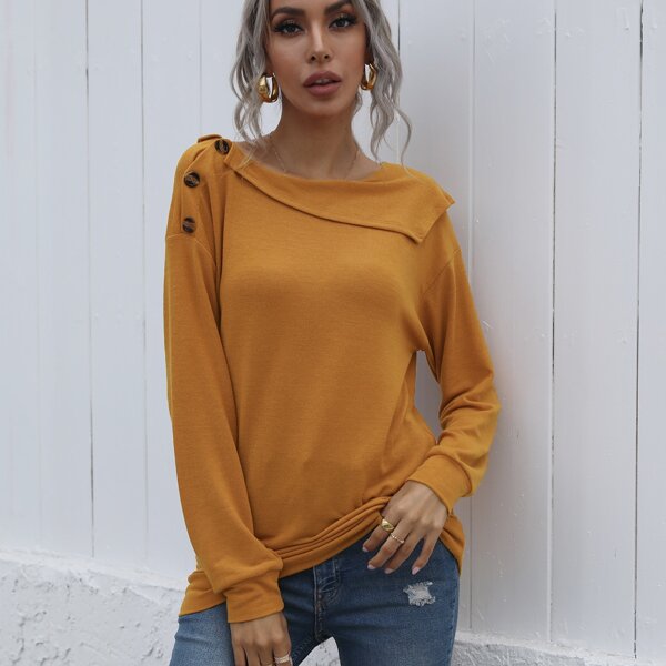

Button Detail Drop Shoulder Sweatshirt, Mustard yellow