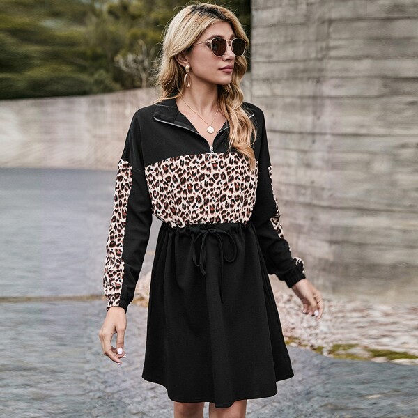 

O-ring Half Zip Contrast Leopard Drawstring Dress, Black