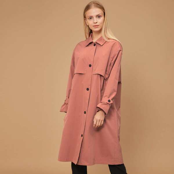 

Buckle Strap Sleeve Button Up Coat, Watermelon pink
